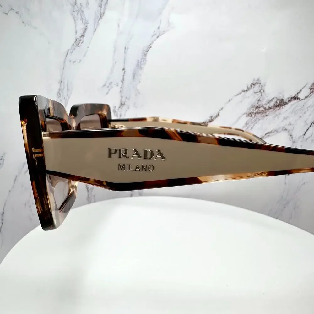 New PRADA Sunglasses Brown Beige Caramel Tortoise Gold Symbole Womens Rectangle